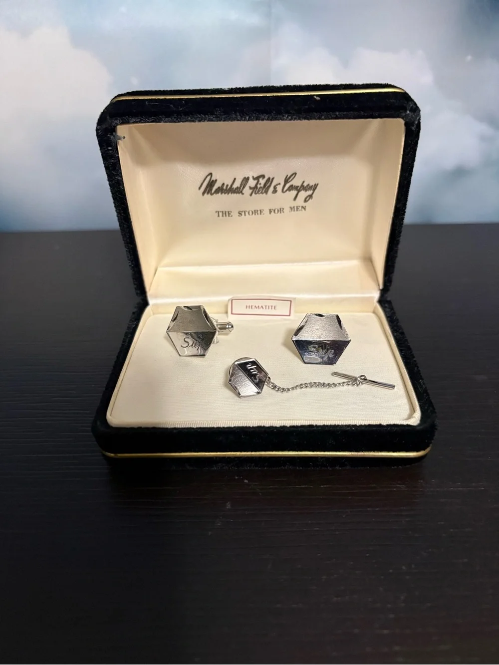 Marshall Field & Company hermatite cuff links and tie clip sterling silver. NIB